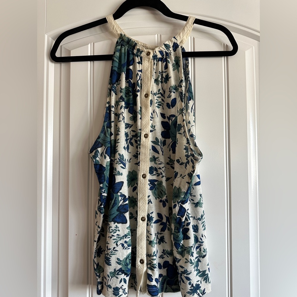 Lucky Brand Linen Blend Sleeveless Tank Blue White Green Floral Buttons Size M